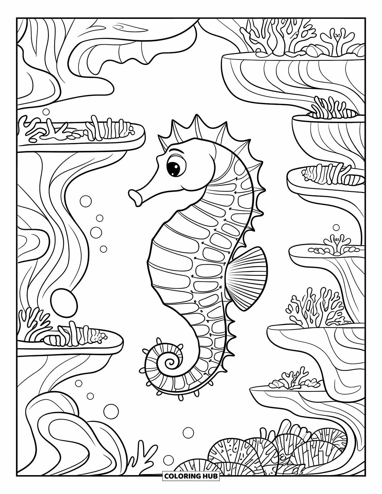 Seahorse Coloring Page for Kids: A large seahorse swims between detailed coral and sea plants