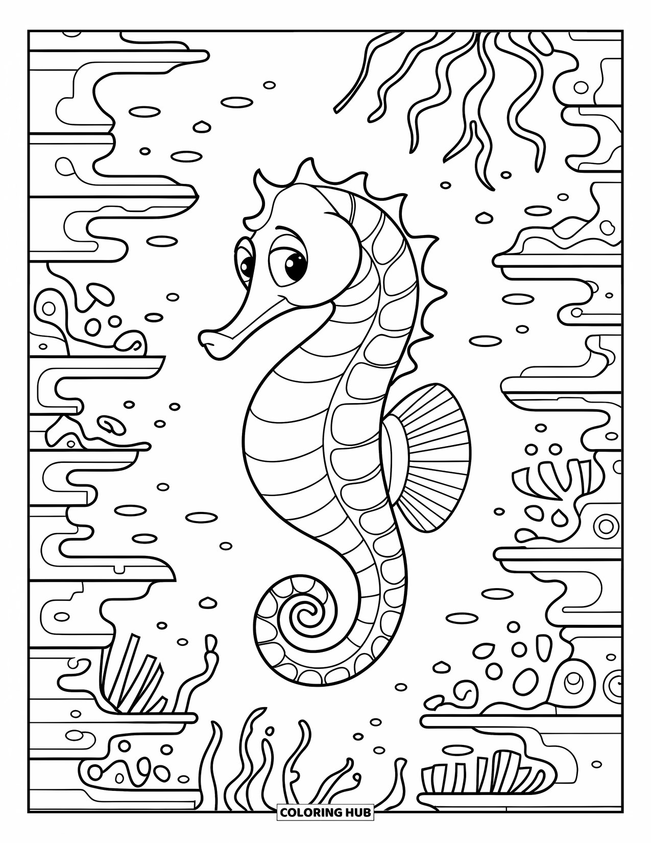 Seahorse Coloring Page for Kids: A long-snouted seahorse glides through patterned coral and plants