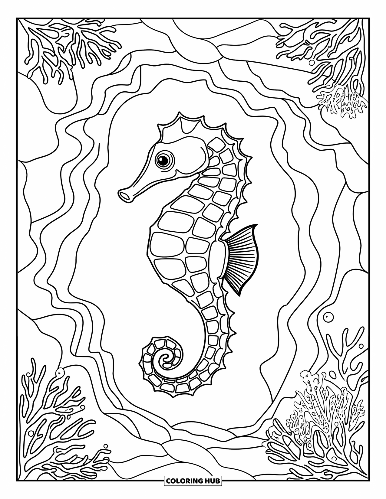 Seahorse Coloring Page for Kids: A majestic seahorse glides through coral reefs and sea plants