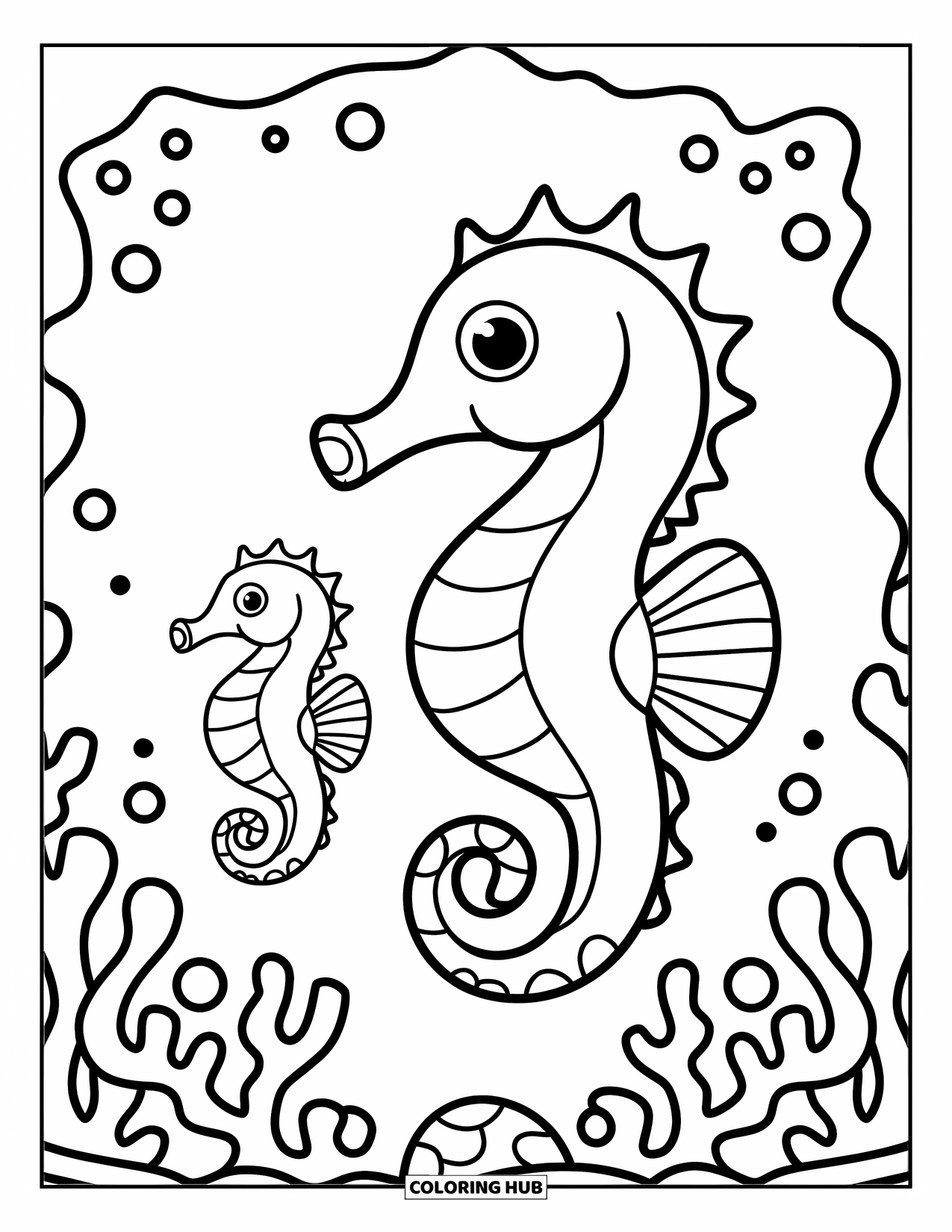 Seahorse Coloring Page for Kids: A parent and baby seahorse float above round coral in a calm sea