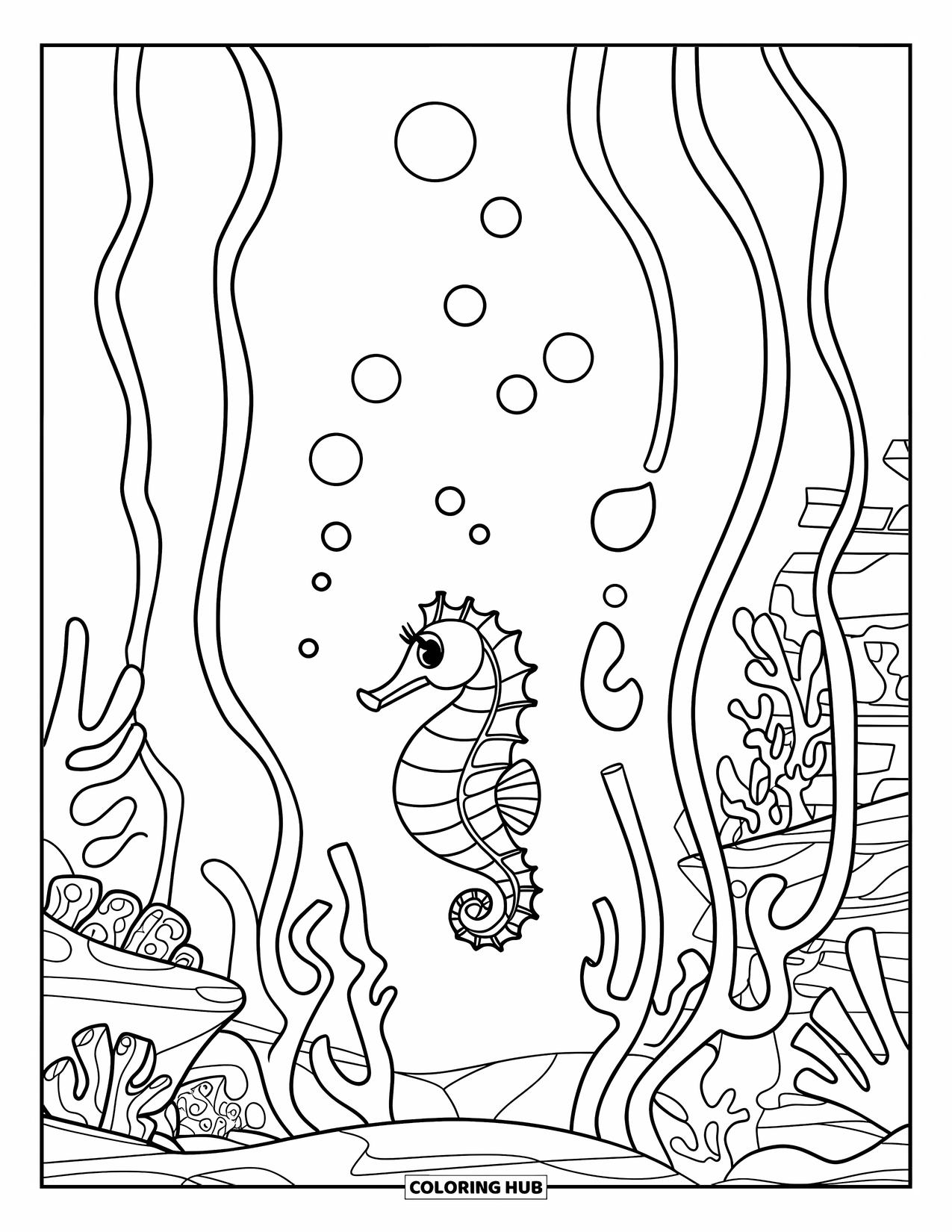 Seahorse Coloring Page for Kids: A seahorse floats among sea vines, coral, and a sunken ship