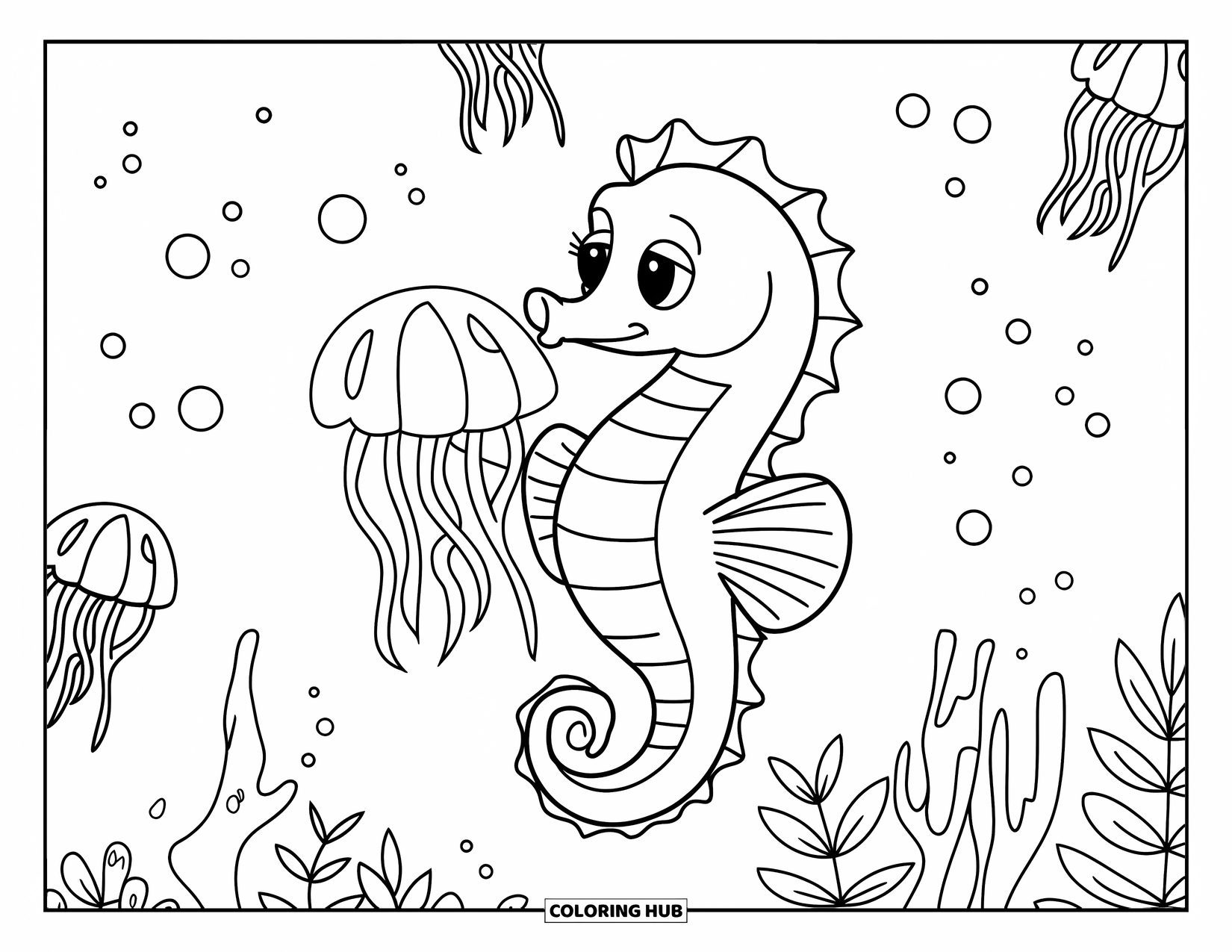 Seahorse Coloring Page for Kids: A seahorse gently holds a jellyfish surrounded by plants