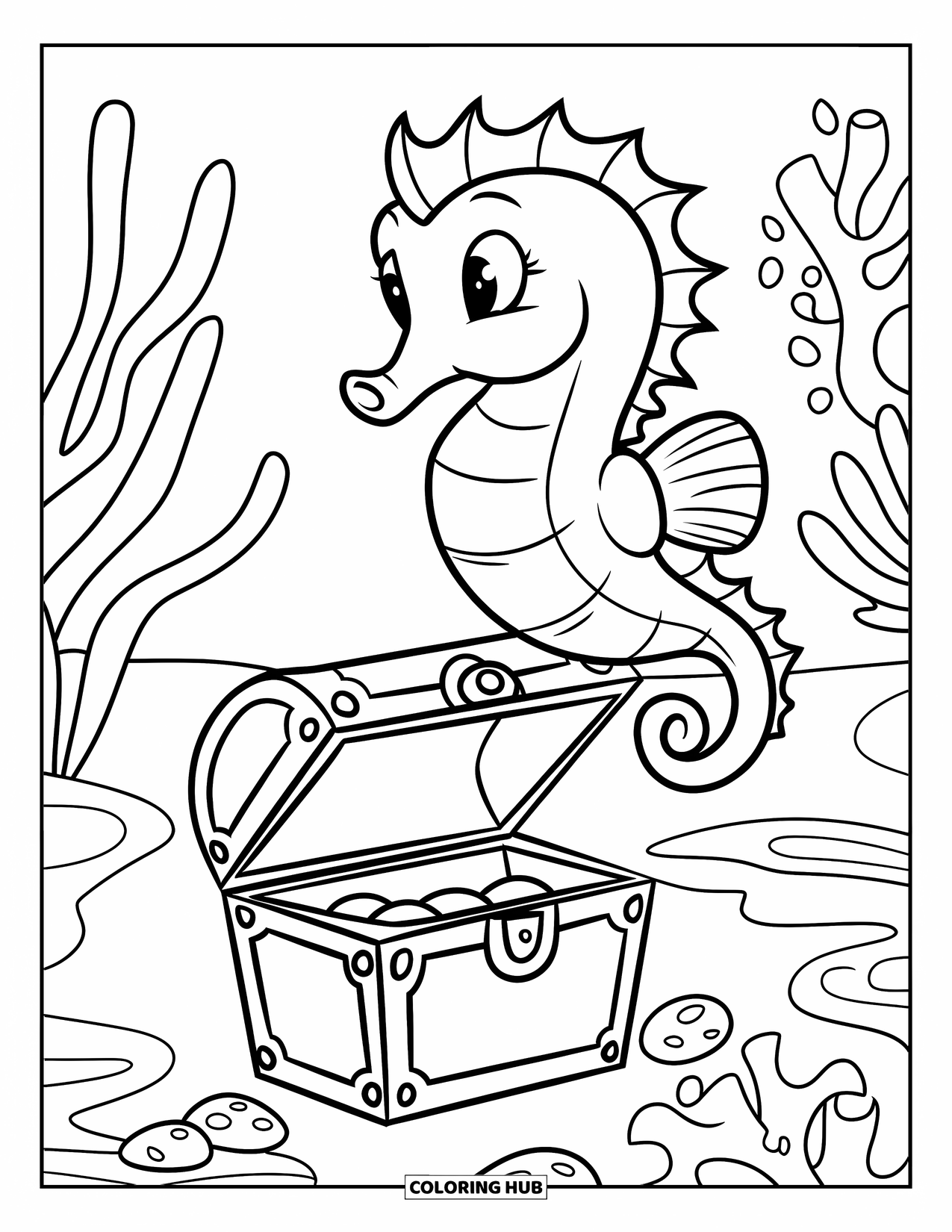 Seahorse Coloring Page for Kids: A seahorse hovers over a treasure chest in a calm underwater scene