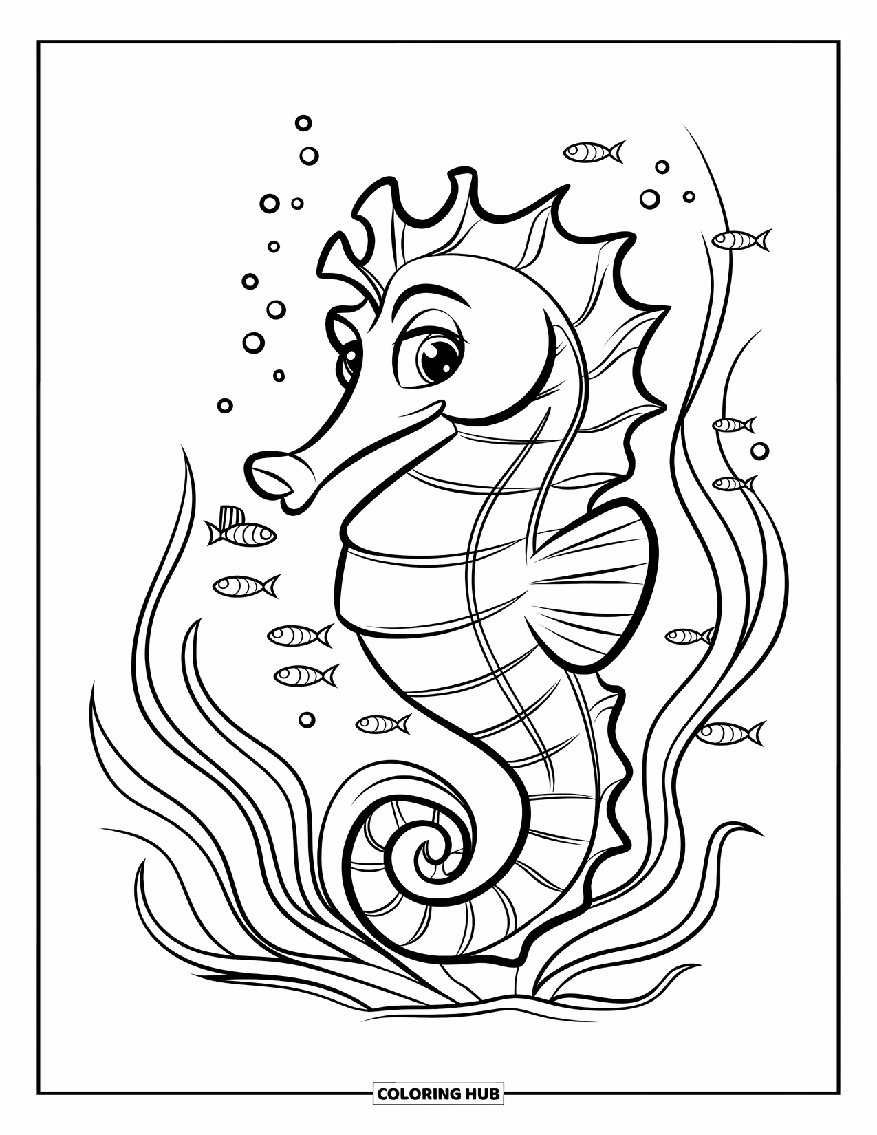 Seahorse Coloring Page for Kids: A seahorse moves through curly seaweed and small, round fish