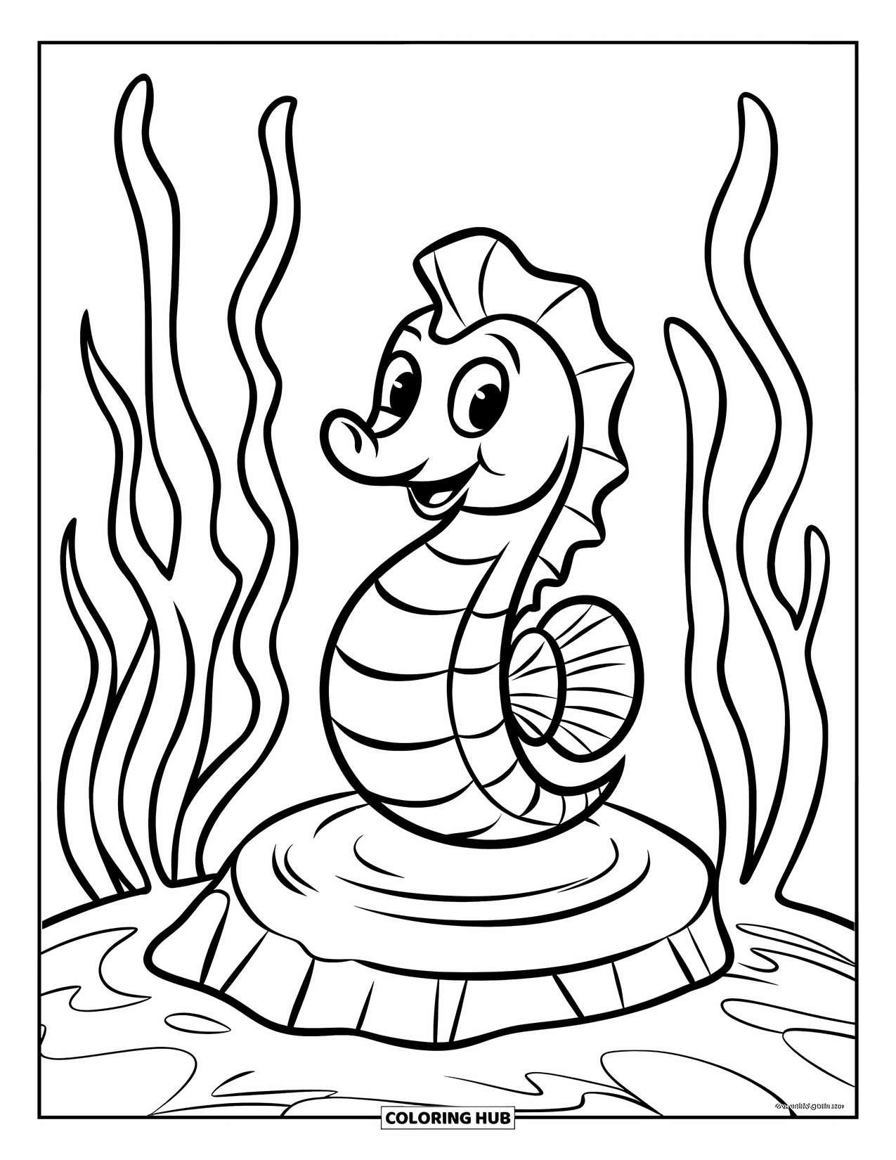 Seahorse Coloring Page for Kids: A seahorse rests on a rock wrapped in wavy sea plants