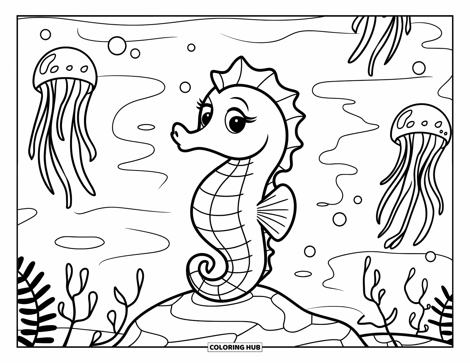Seahorse Coloring Page for Kids: A seahorse sits on a rock surrounded by jellyfish and plants