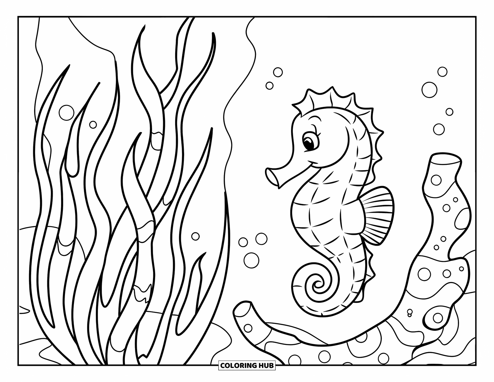 Seahorse Coloring Page for Kids: A seahorse sits on coral beside gently waving seaweed and a few bubbles