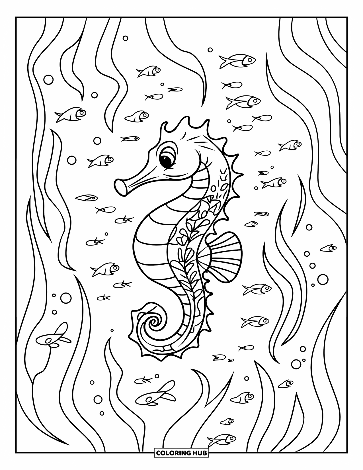 Seahorse Coloring Page for Kids: A seahorse twists through seaweed and swims with tiny fish