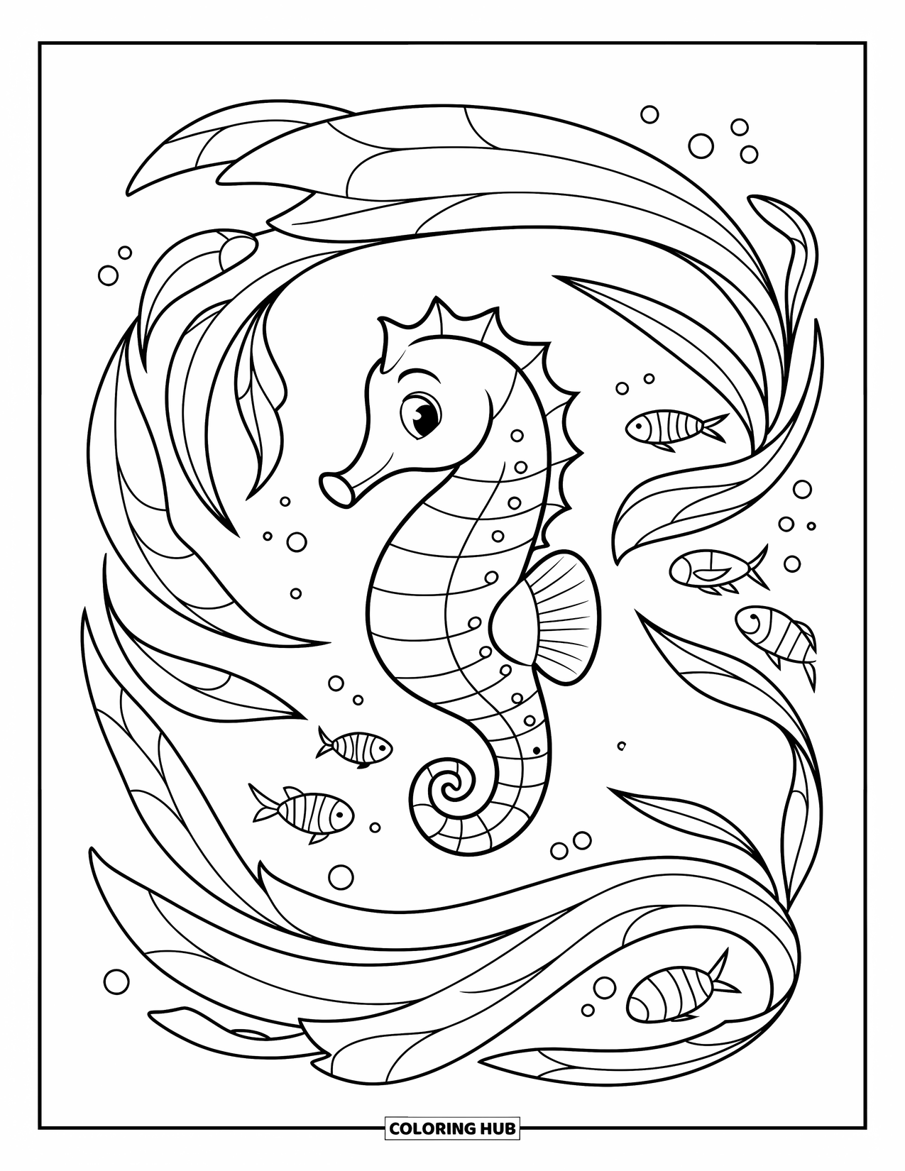 Seahorse Coloring Page for Kids: A small seahorse twirls through seaweed and playful fish
