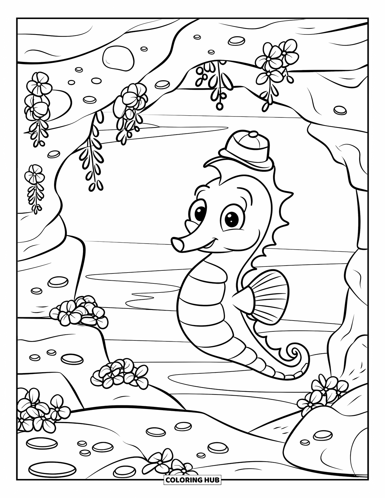 Seahorse Coloring Page for Kids: A smiling seahorse explores a rock cave with sea flowers