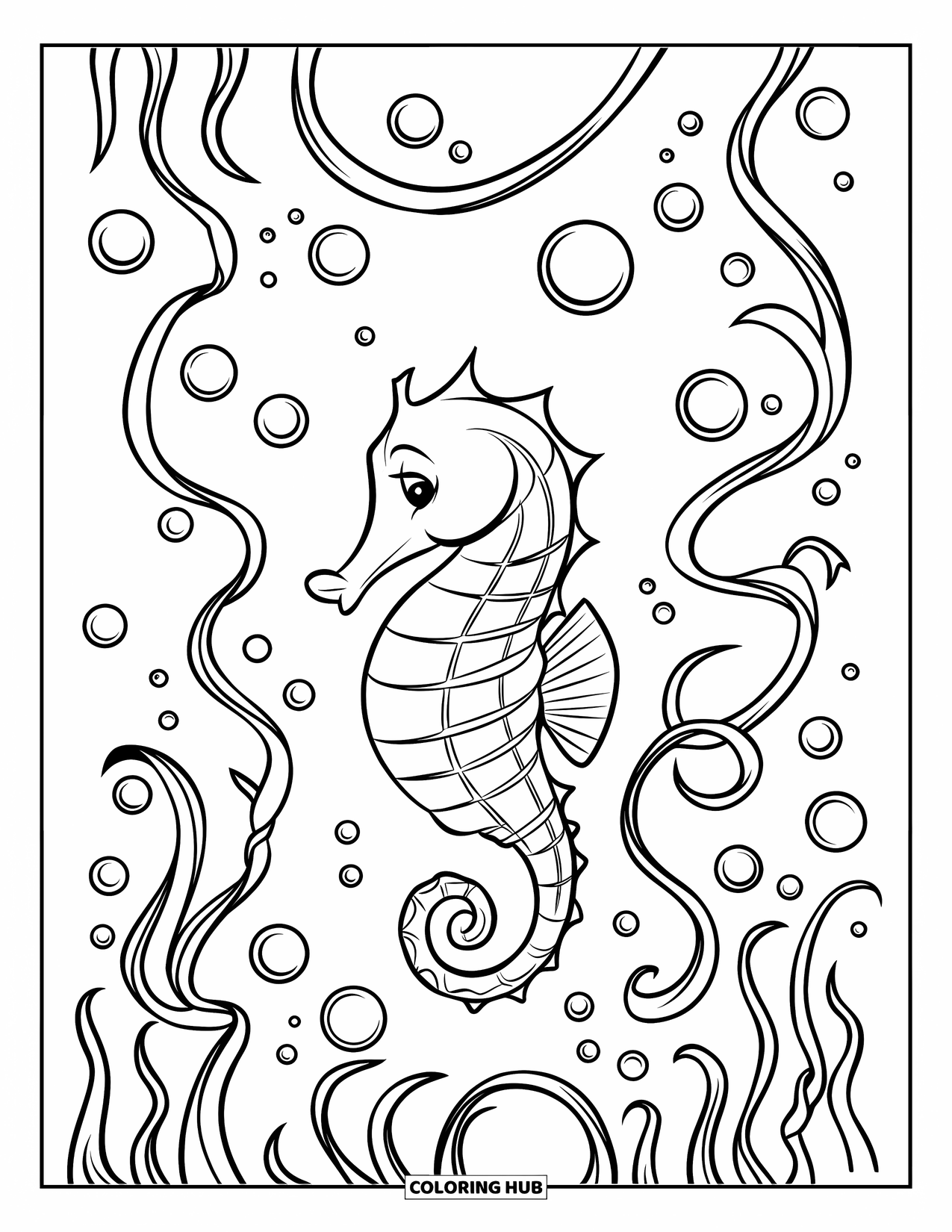Seahorse Coloring Page for Kids: A tiny seahorse is tangled in curly sea vines and round bubbles