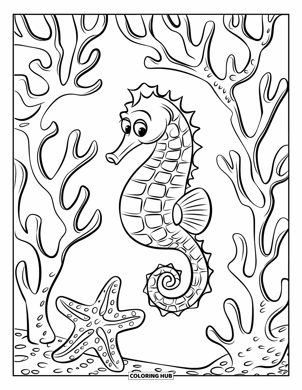 Seahorse Coloring Page for Kids: A wide-mouthed seahorse glides through thick coral while a starfish rests nearby