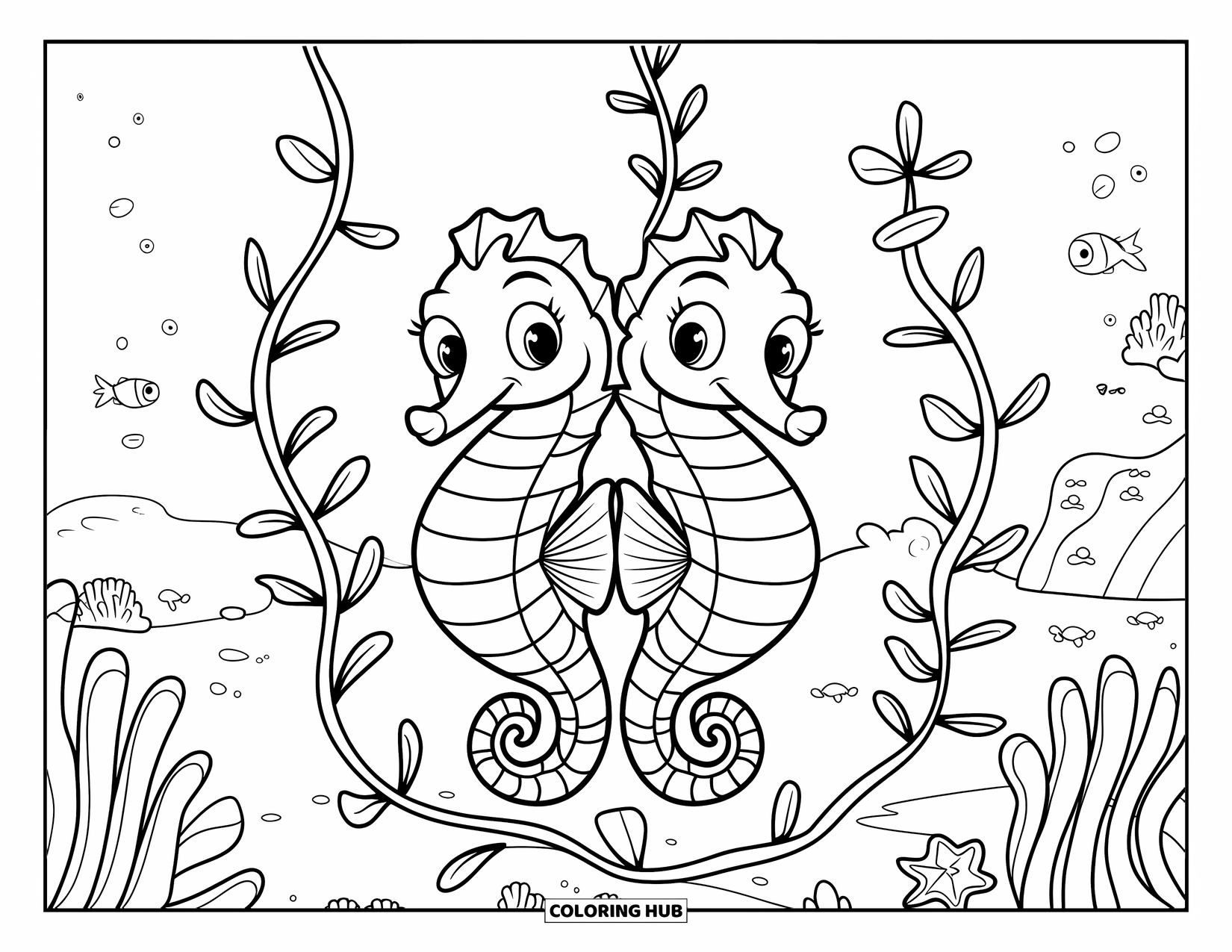Seahorse Coloring Page for Kids: Seahorses with big eyes twirl around leafy sea vines