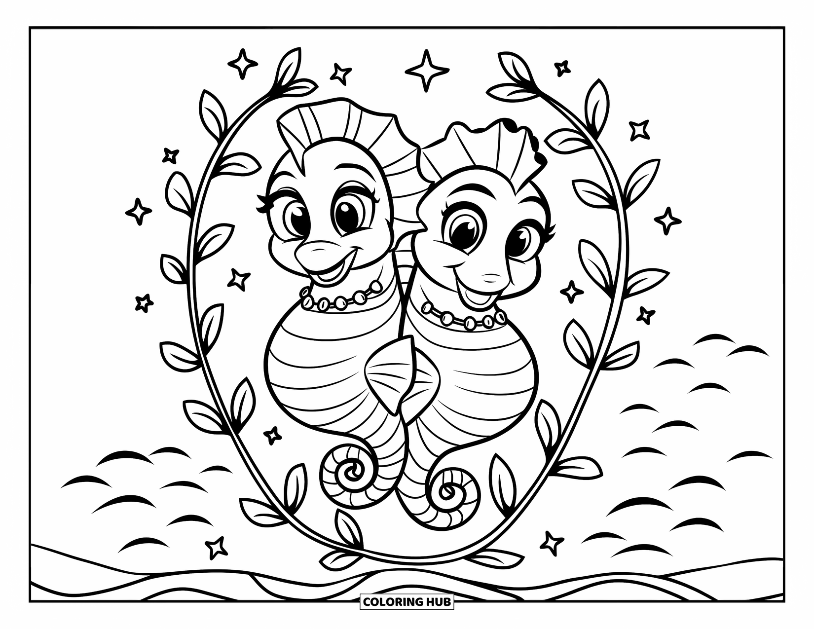 Seahorse Coloring Page for Kids: Seahorses with collars curl around sea vines and stars