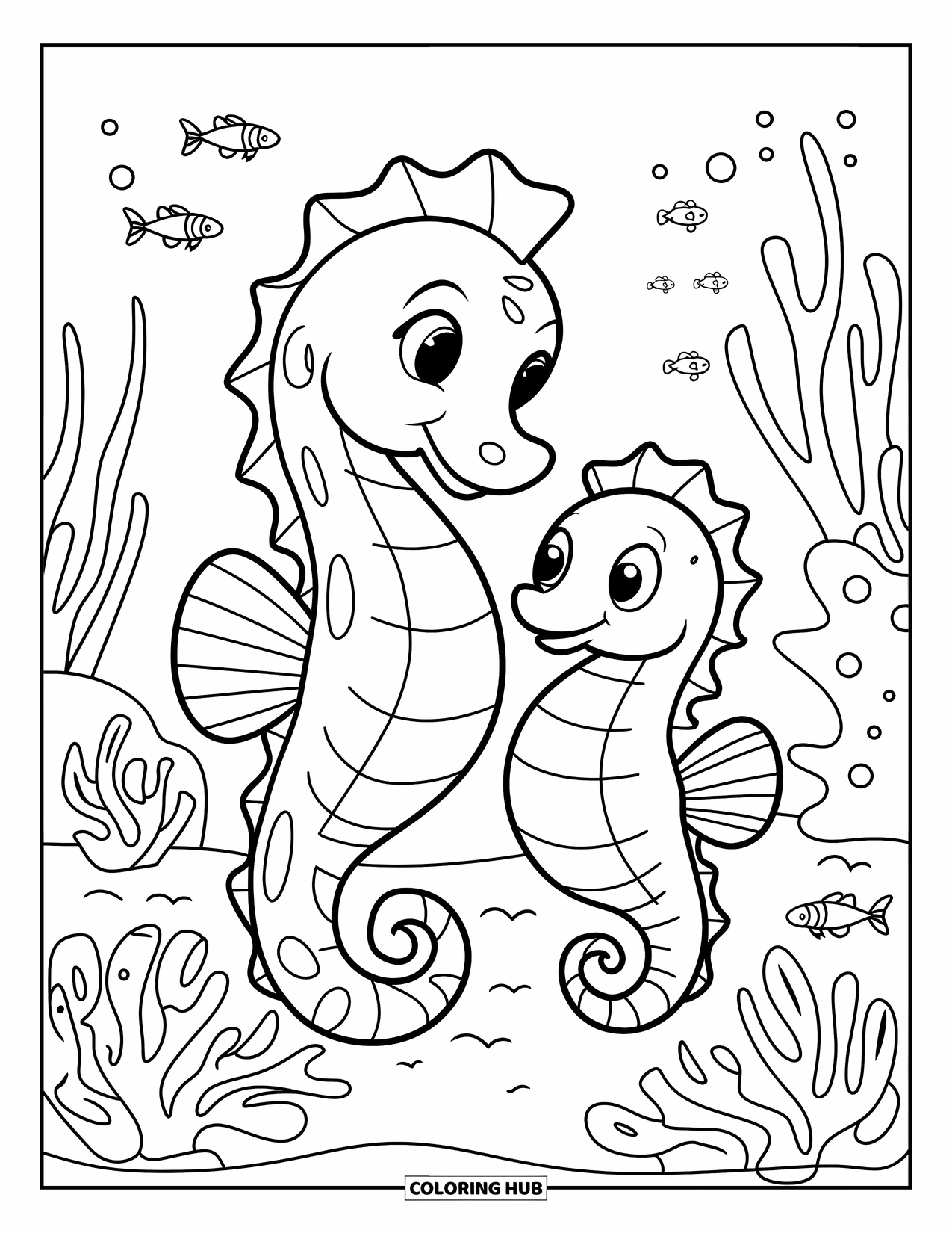Seahorse Coloring Page for Kids: Two seahorses with long tails play in a coral cove with plants and fish