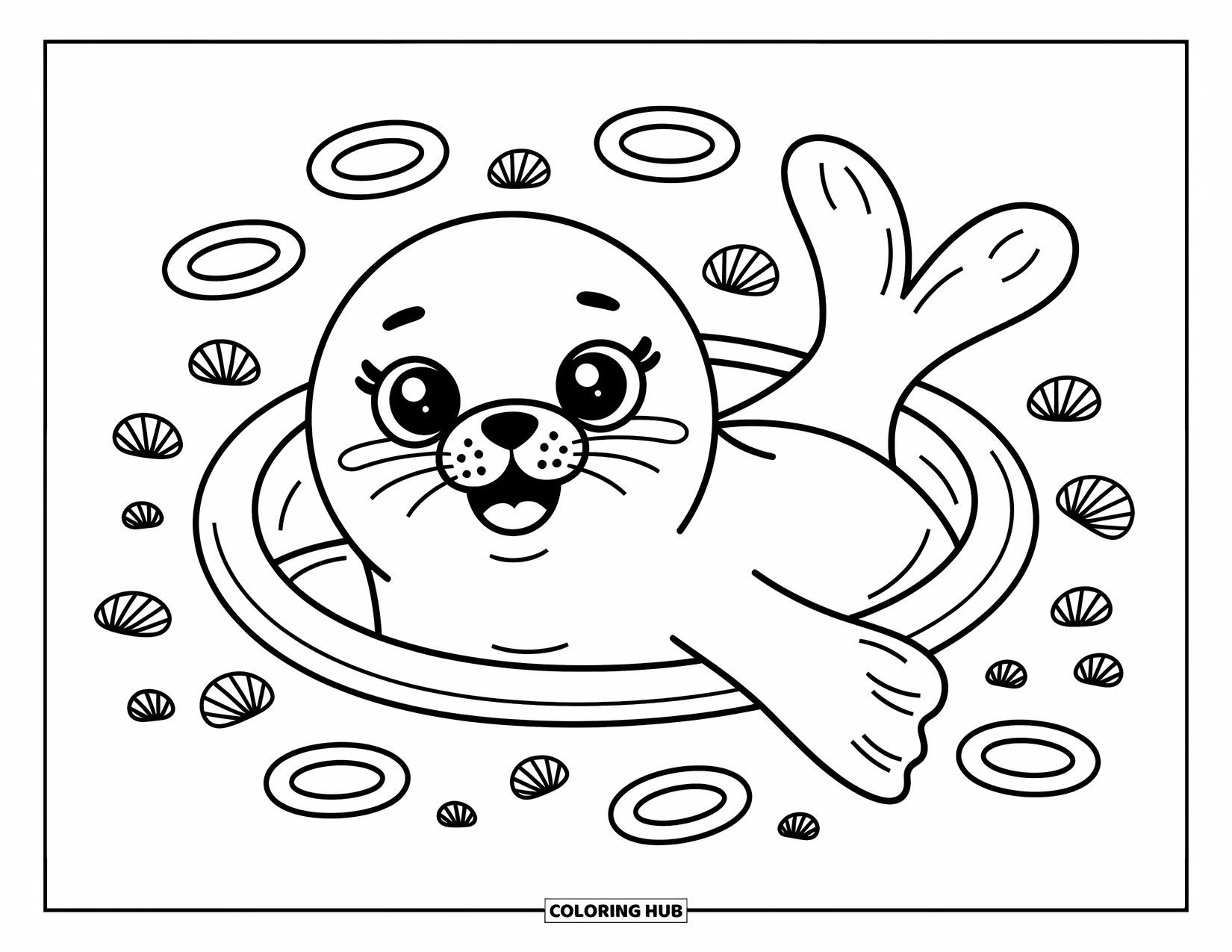 Seal Coloring Page for Adults: Delighted seal pops up from the sand, flippers raised in joy