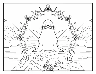 Yetişkinler İçin Fok Boyama Sayfası: Meditasyon yapan fok, çiçekli Arktik mandalanın içinde bir kayanın üzerinde dinleniyor