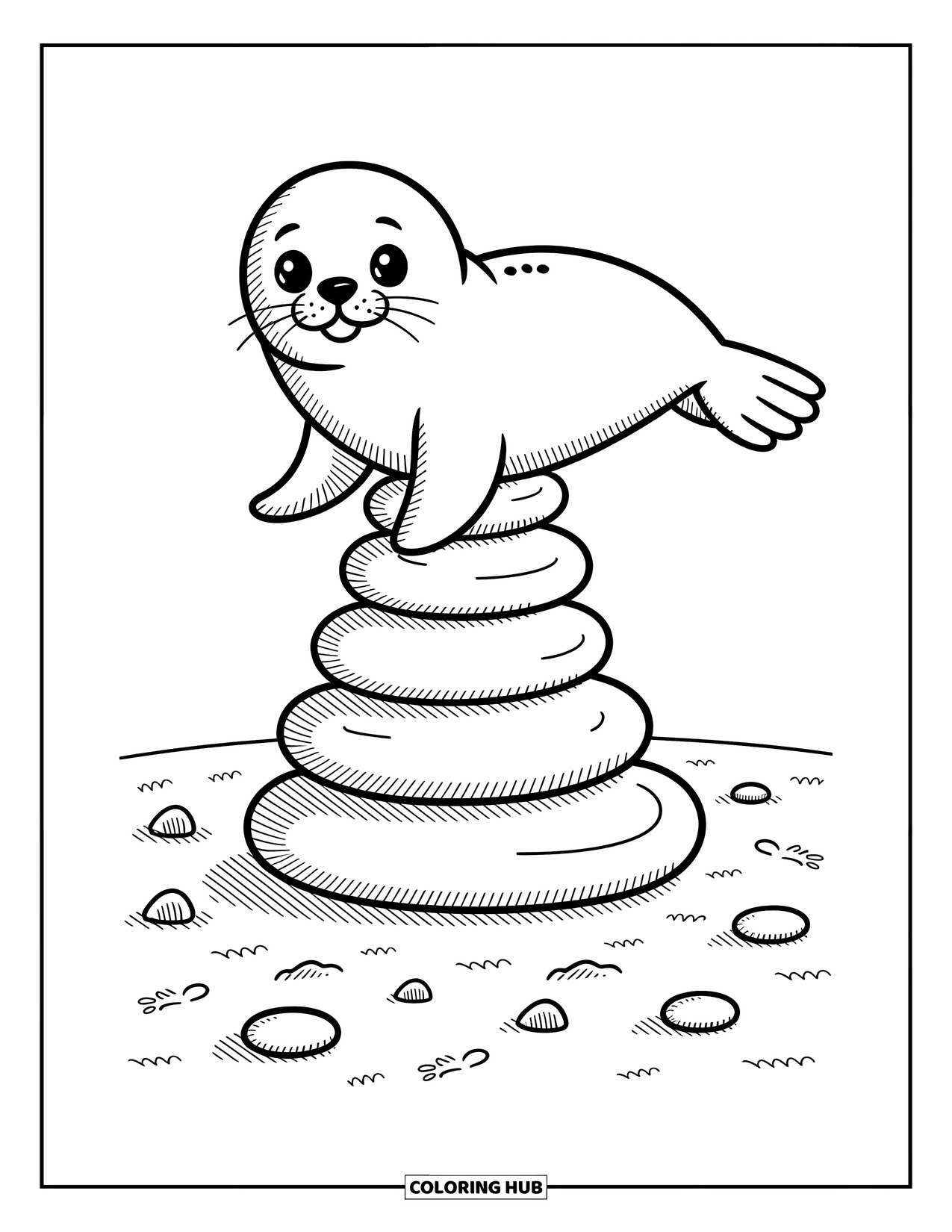 Seal Coloring Page for Adults: Seal balances on stacked stones with footprints and tiny fossils below