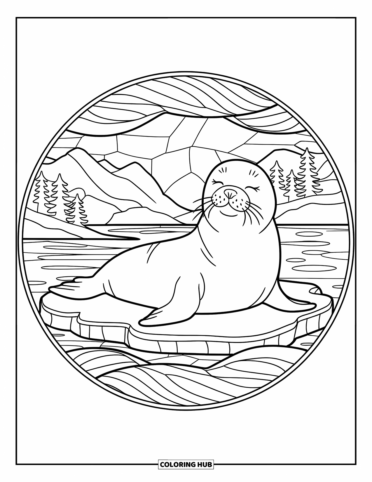 Seal Coloring Page for Adults: Seal lies peacefully on ice with stained glass-style waves around