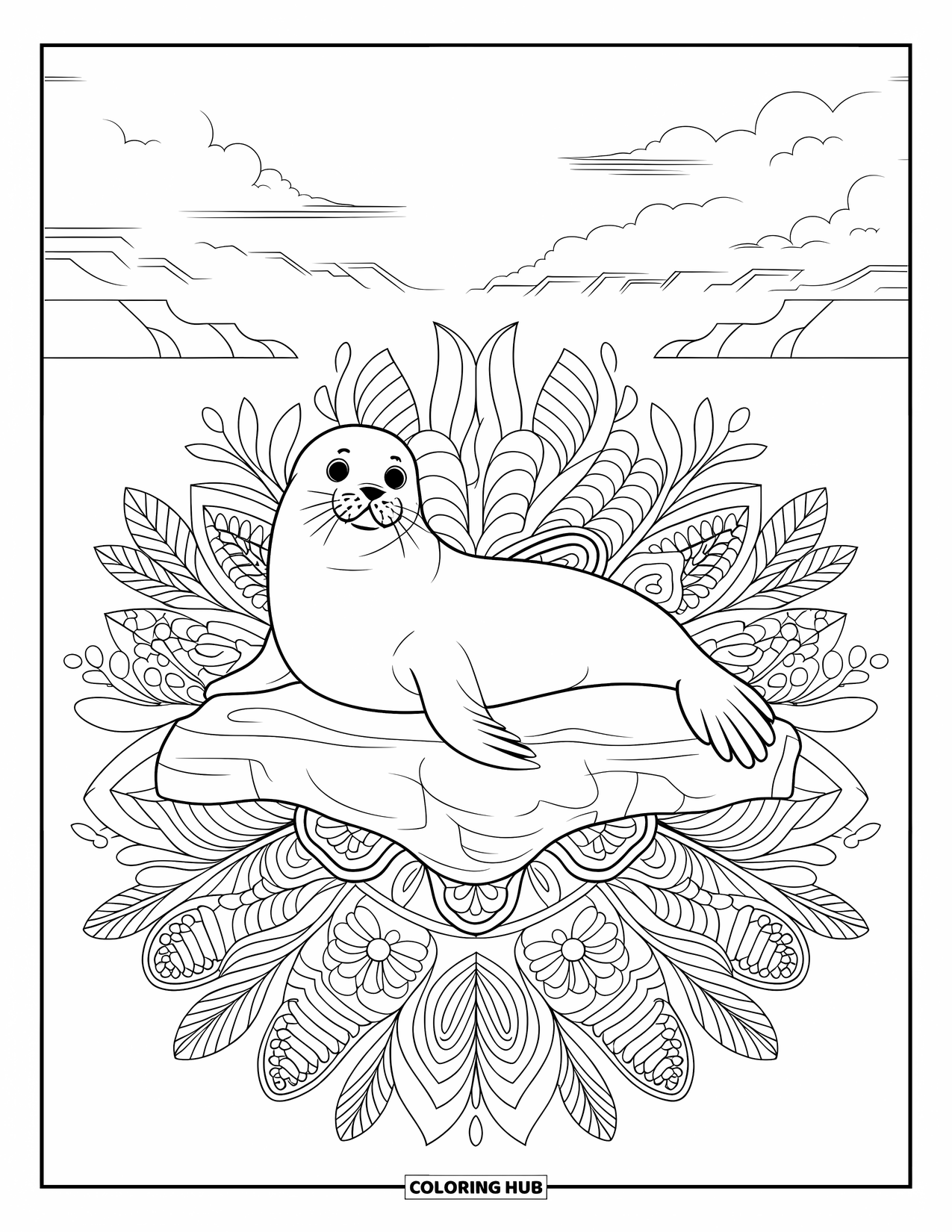 Seal Coloring Page for Adults: Seal lounges on rocks framed by flowers, leaves, and sea views