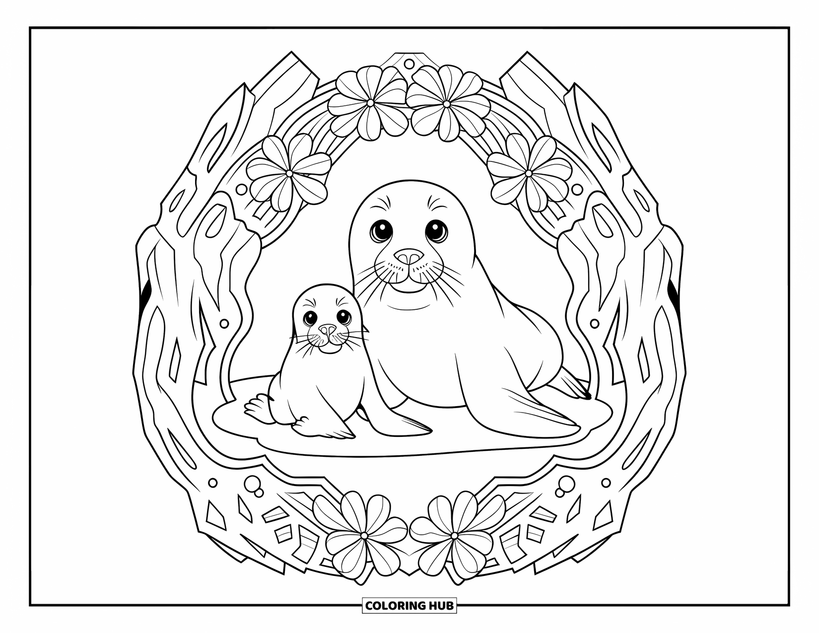Seal Coloring Page for Adults: Seal mom and pup cuddle among rocks and blooming flowers
