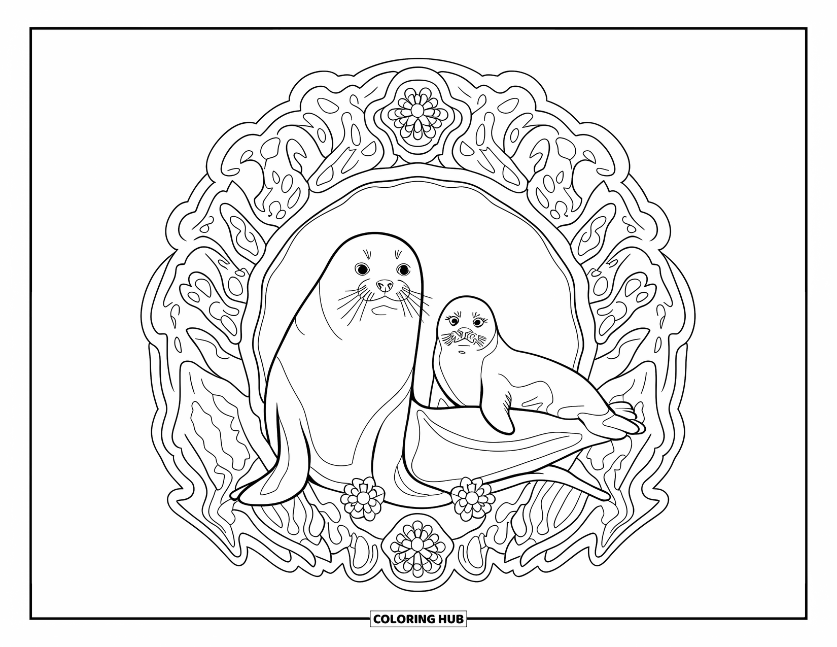 Seal Coloring Page for Adults: Seal mom and pup sit peacefully with flower and stone patterns around