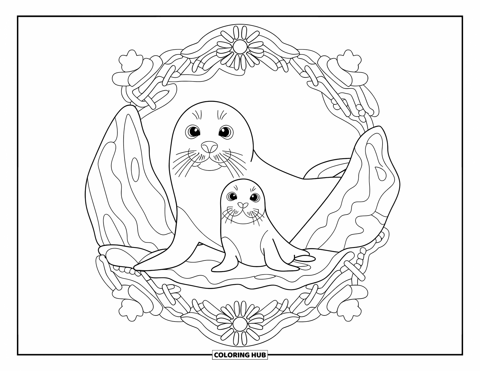 Seal Coloring Page for Adults: Seal mother and pup rest surrounded by floral and rocky designs