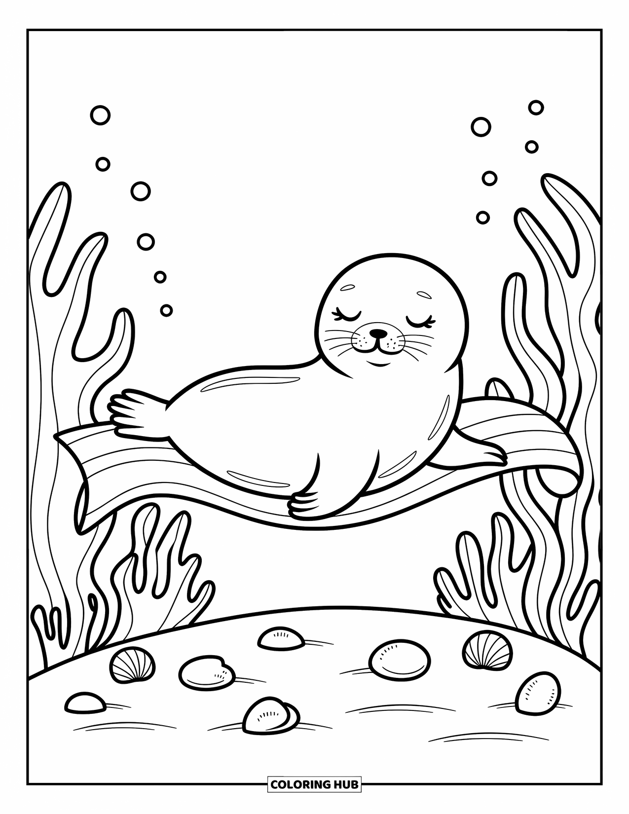 Seal Coloring Page for Adults: Seal naps on a kelp leaf stretched between two coral arches