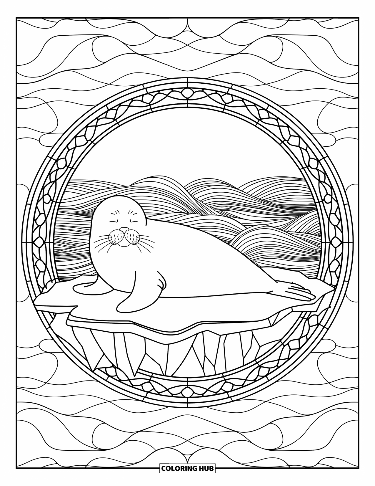 Seal Coloring Page for Adults: Seal naps on floating ice inside a patterned ocean frame
