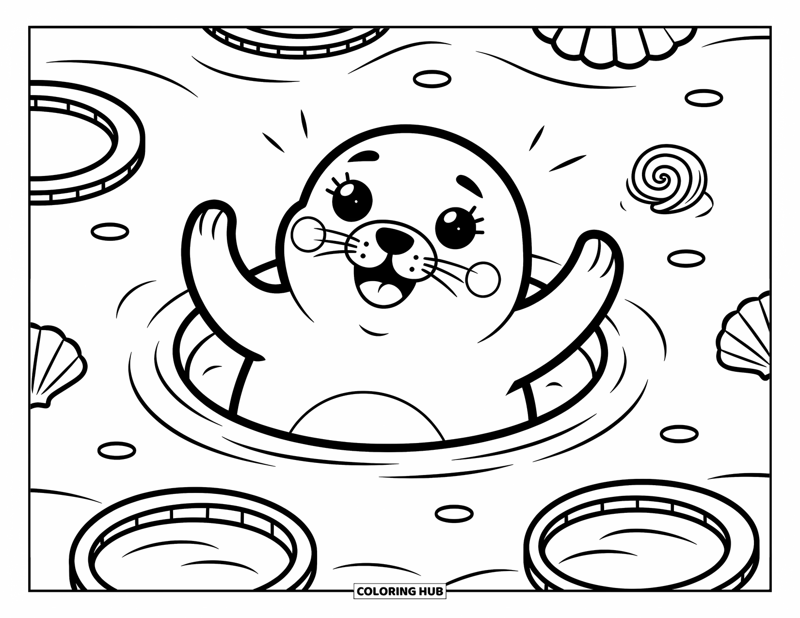Seal Coloring Page for Adults: Seal peeks from a sandy dip with shell spirals all around