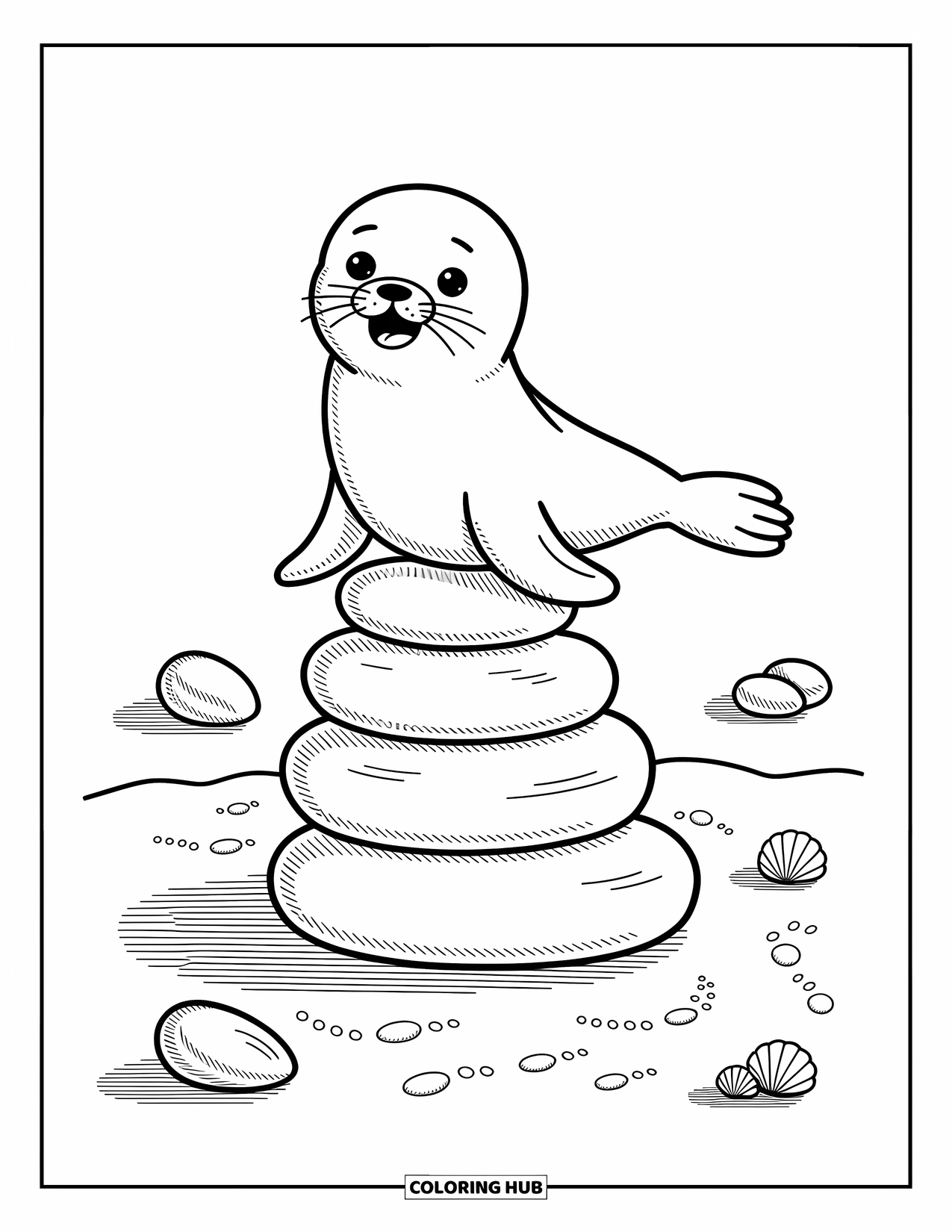 Seal Coloring Page for Adults: Seal perched on stone stack with tiny shells and soft footprints