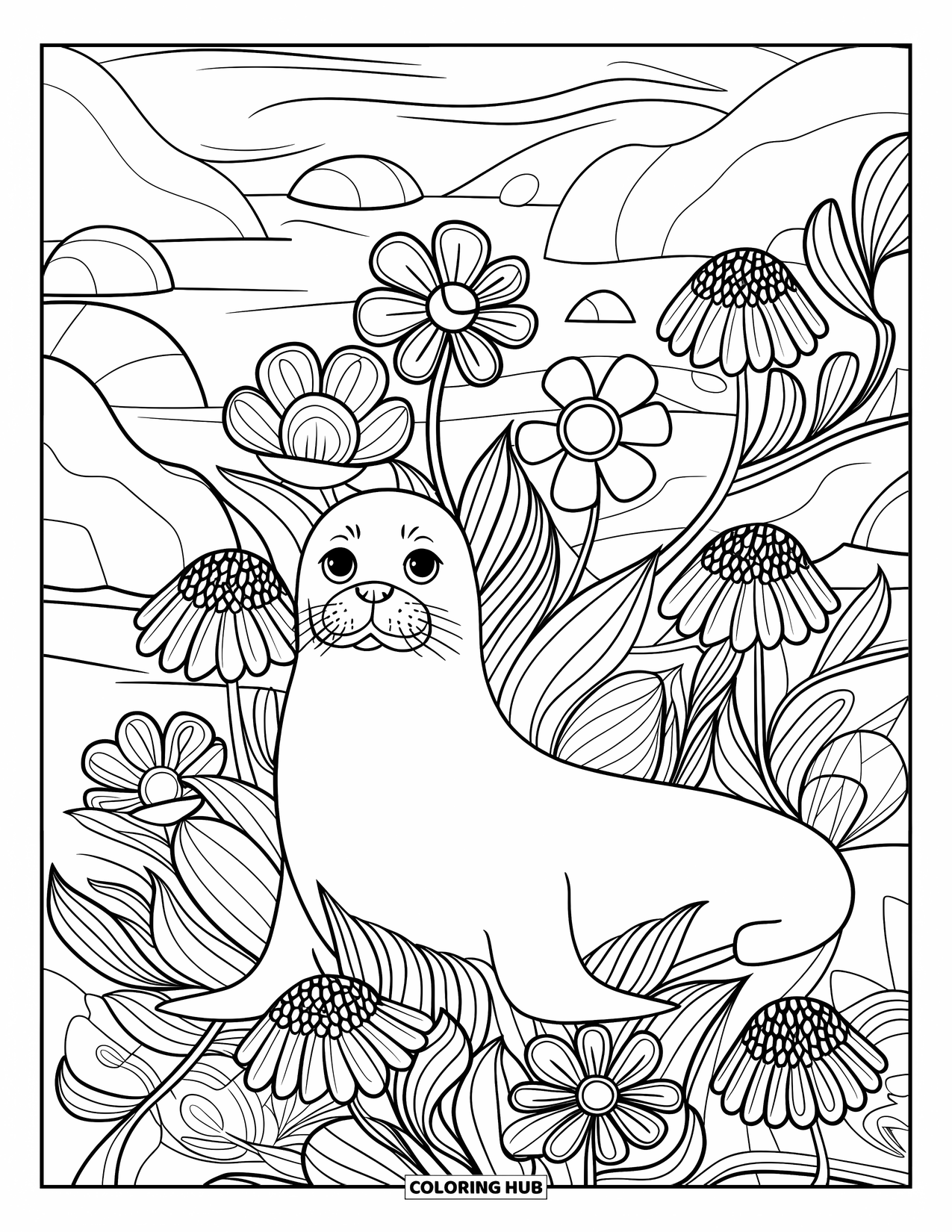 Seal Coloring Page for Adults: Seal relaxes in a flower mandala near a rocky shoreline