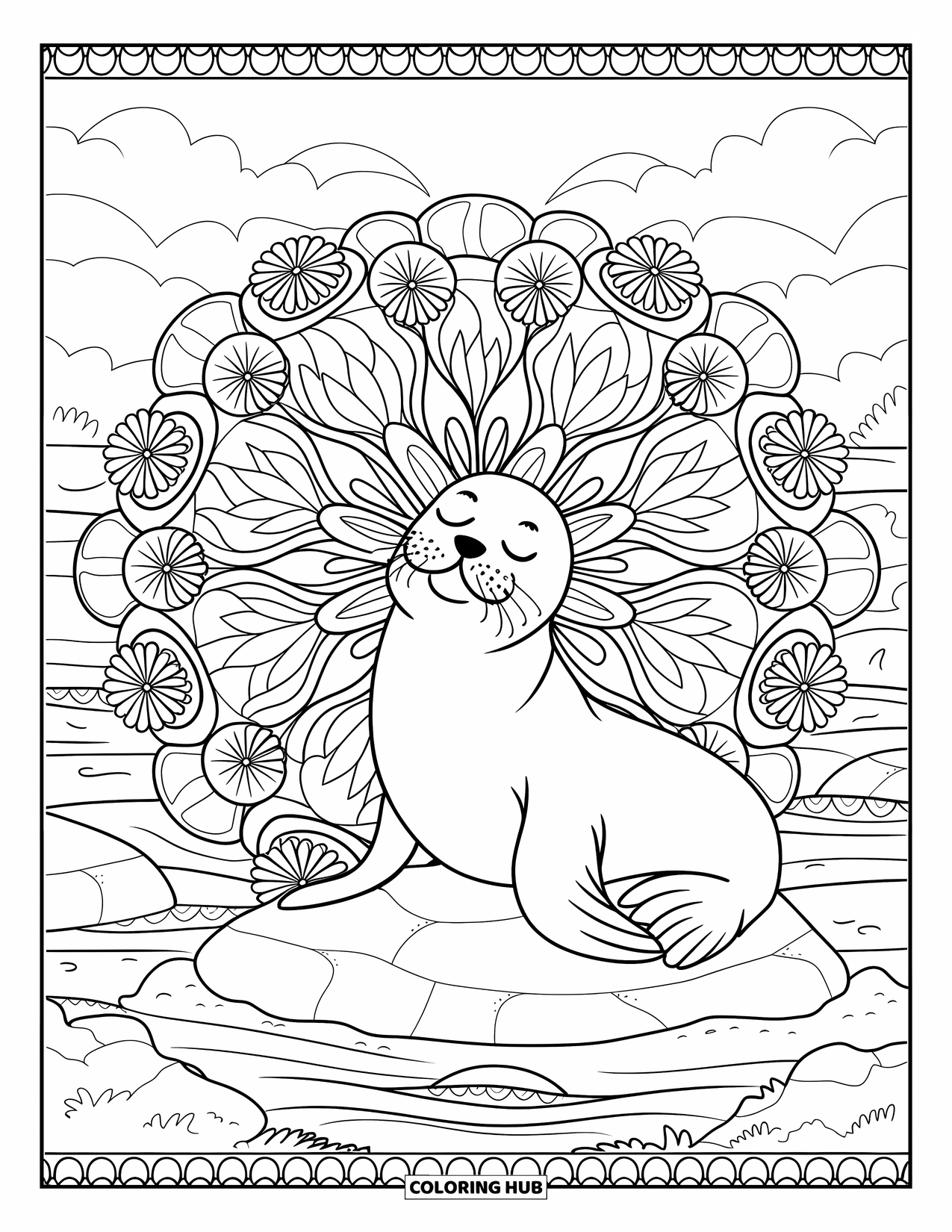 Seal Coloring Page for Adults: Seal rests among crashing waves and floral coastal patterns