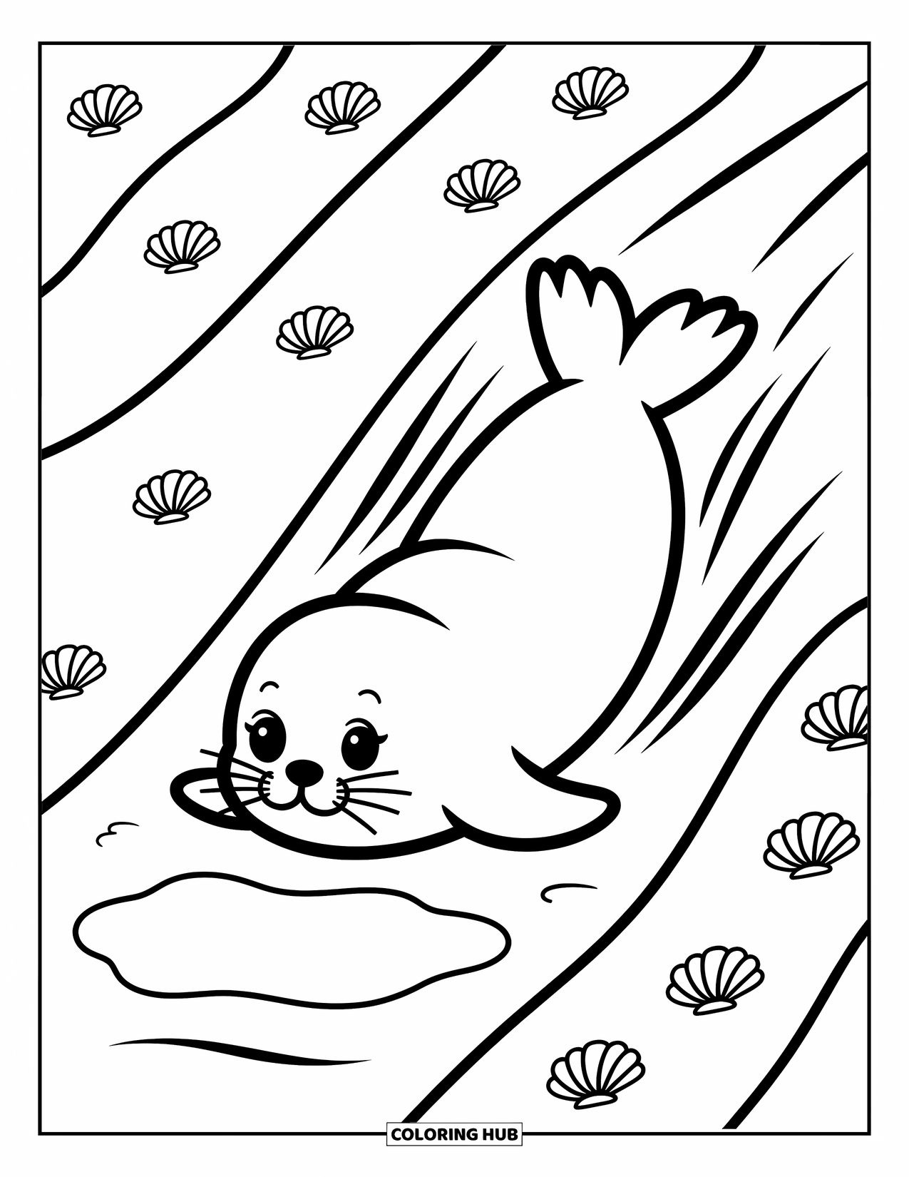 Seal Coloring Page for Adults: Seal rolls down a sandy hill with shells and wave lines