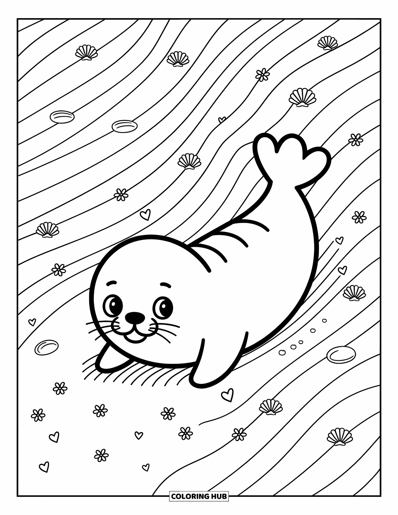 Seal Coloring Page for Adults: Seal rolls joyfully with heart-shaped rocks and little flowers nearby