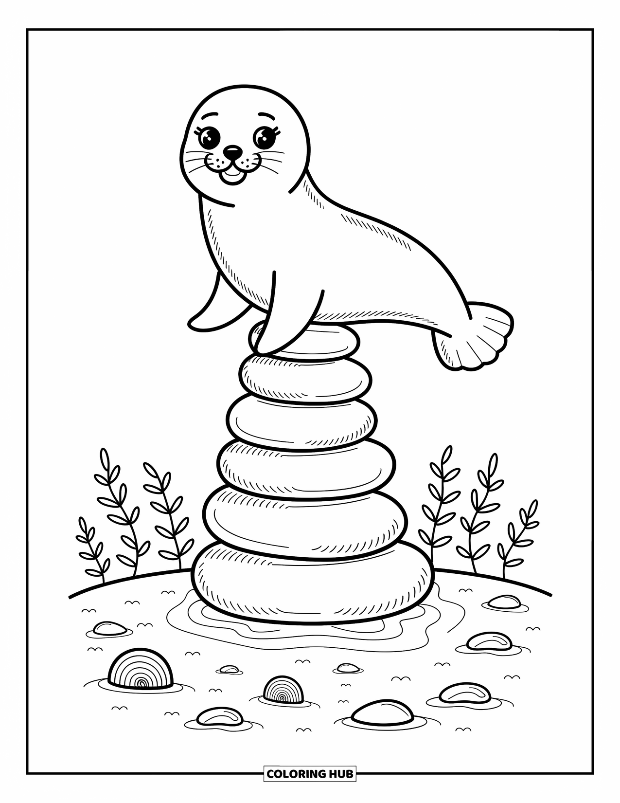 Seal Coloring Page for Adults: Seal stands tall on smooth beach stones with sand designs around