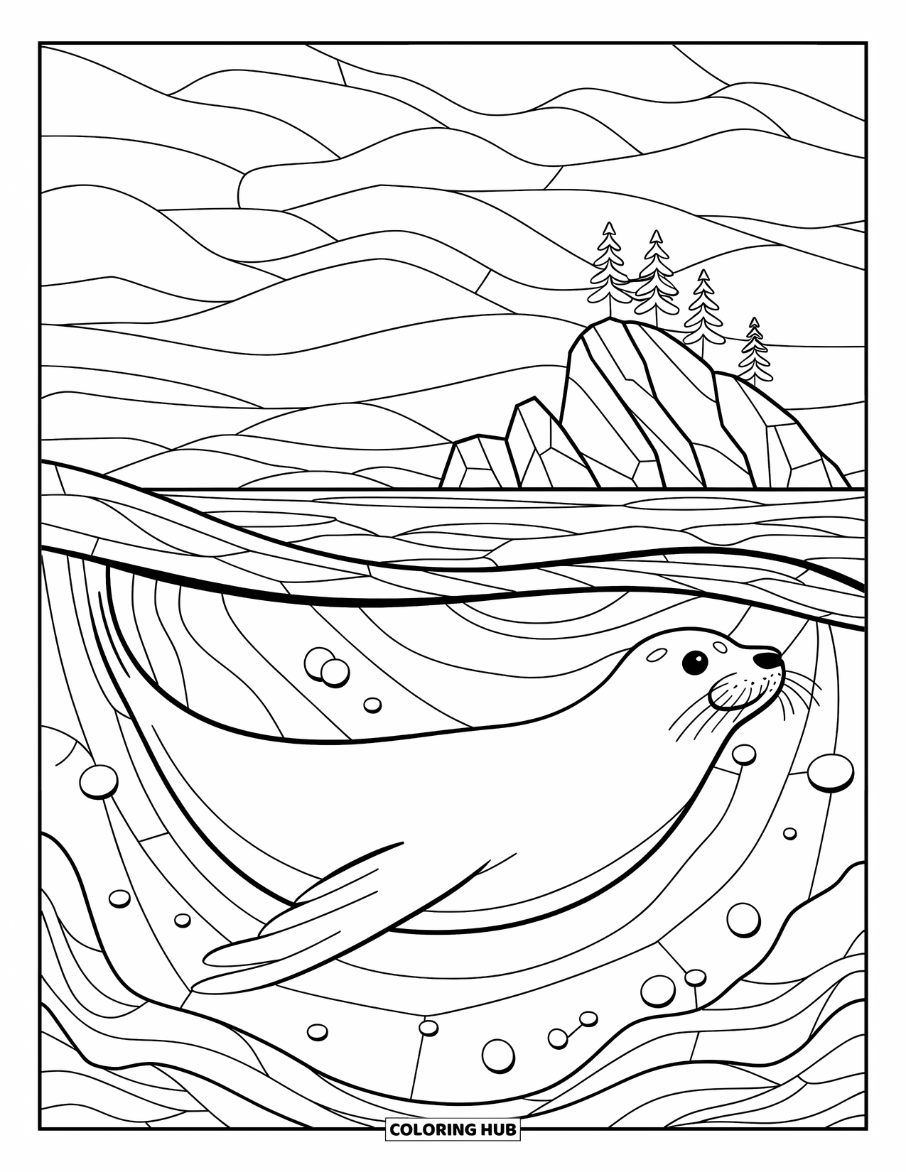 Seal Coloring Page for Adults: Seal swims gracefully inside a stained glass ocean frame