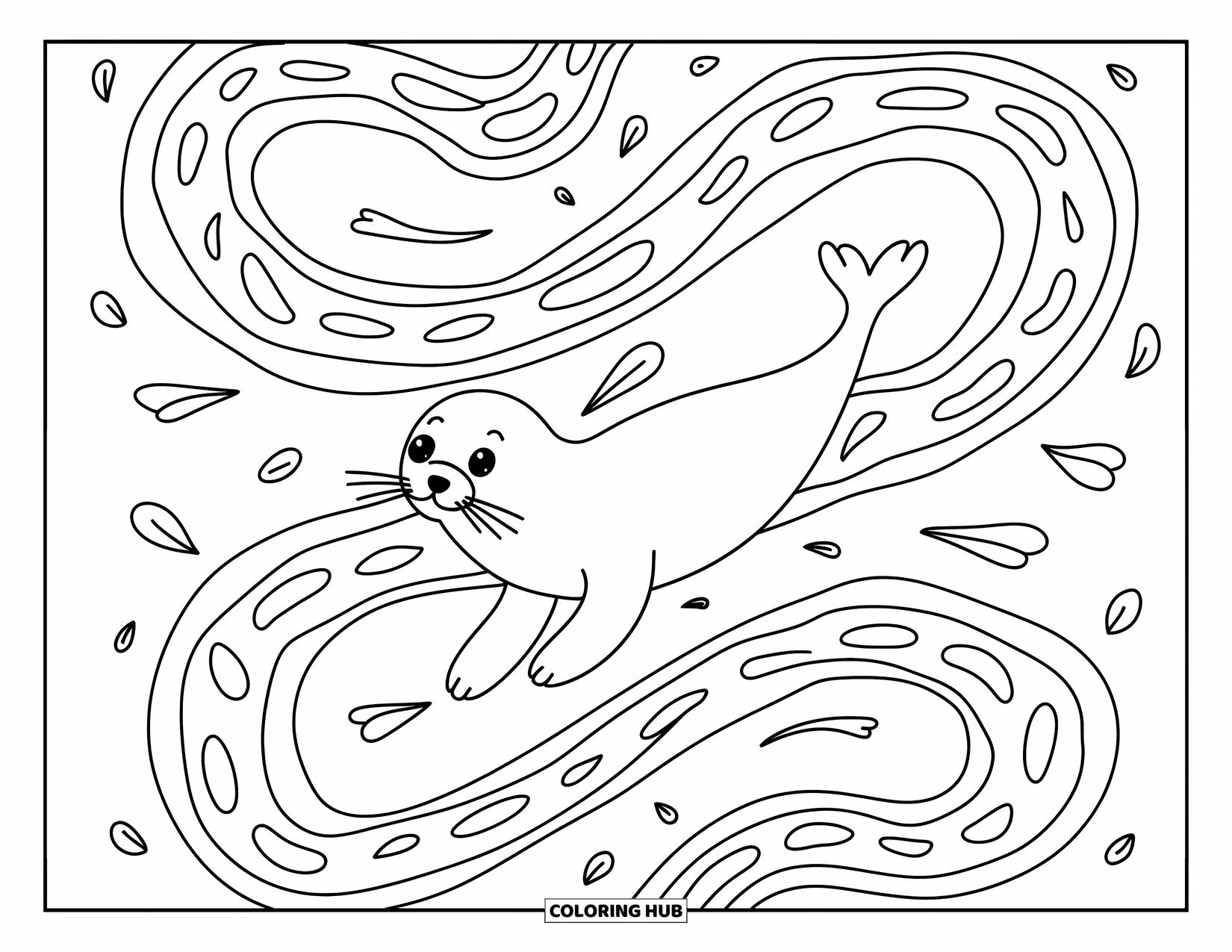 Seal Coloring Page for Adults: Seal swims through a wavy path filled with splashes and tiny doodles