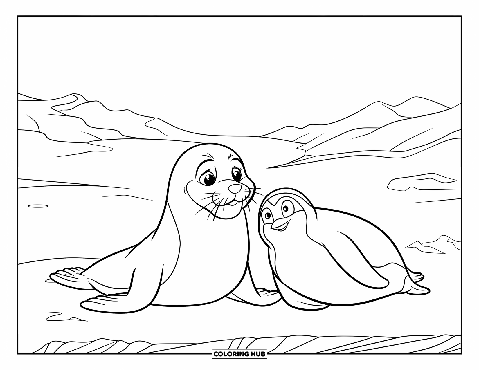 Seal Coloring Page for Kids: Seal and penguin relax together near a snowy ridge