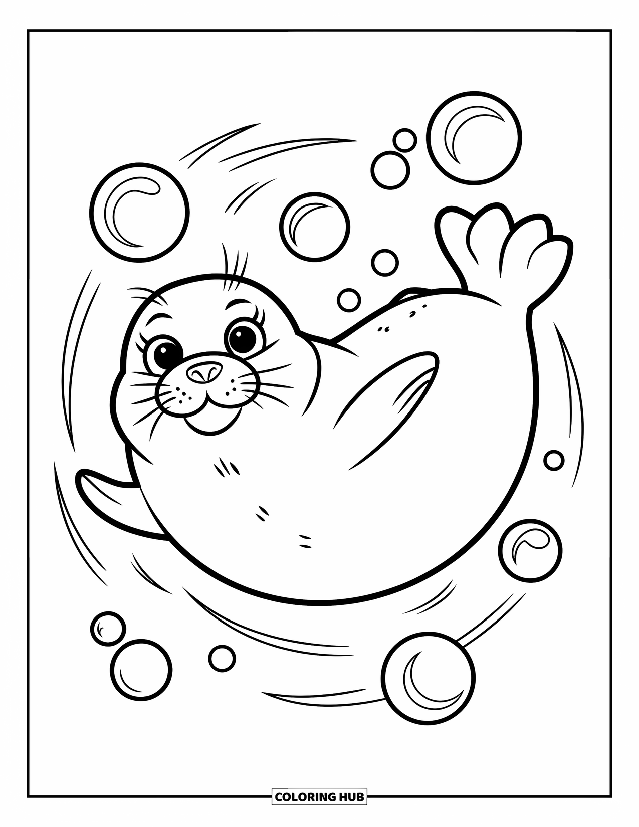 Seal Coloring Page for Kids: Seal floats playfully with bubbles surrounding its happy face