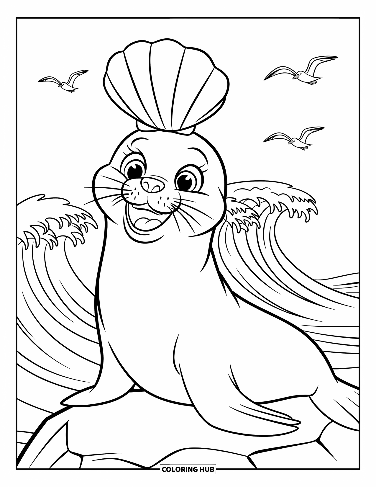 Seal Coloring Page for Kids: Seal grins while balancing a shell with seagulls flying above