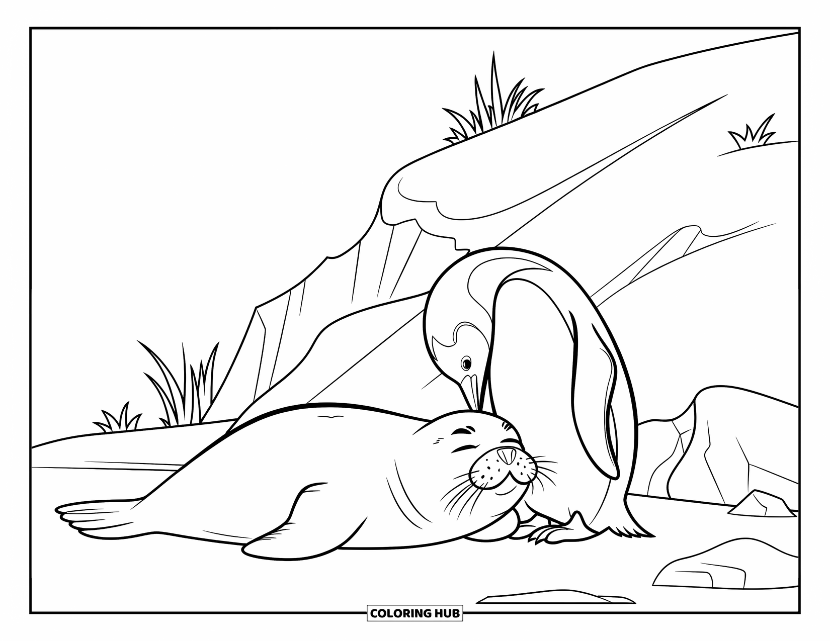 Seal Coloring Page for Kids: Seal lies beside a penguin near a snowy ridge with plants