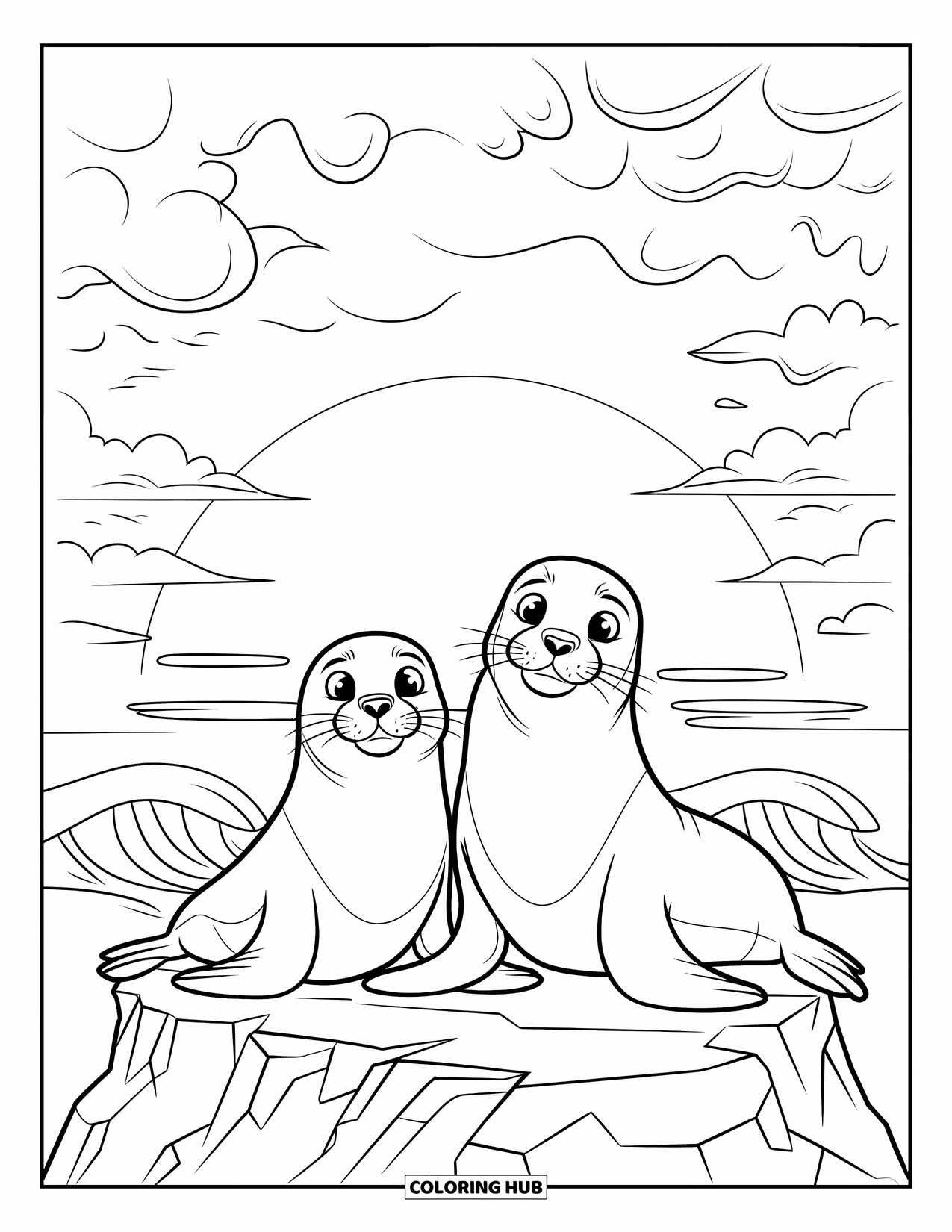 Seal Coloring Page for Kids: Seal pair relaxes on a rocky ledge beneath cloudy skies