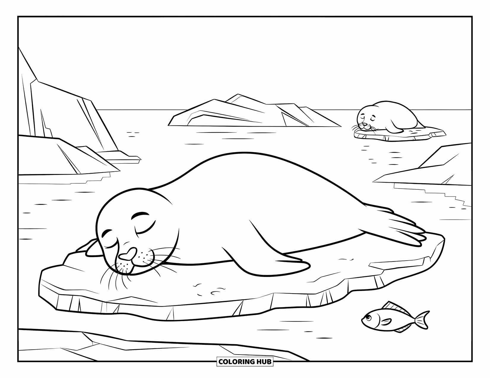 Seal Coloring Page for Kids: Seal sleeps peacefully on ice with fish and icebergs in the distance