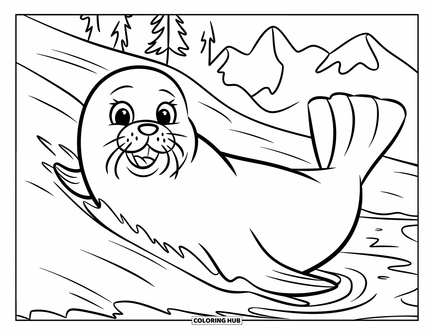 Seal Coloring Page for Kids: Seal slides down a snowy slope with a big smile