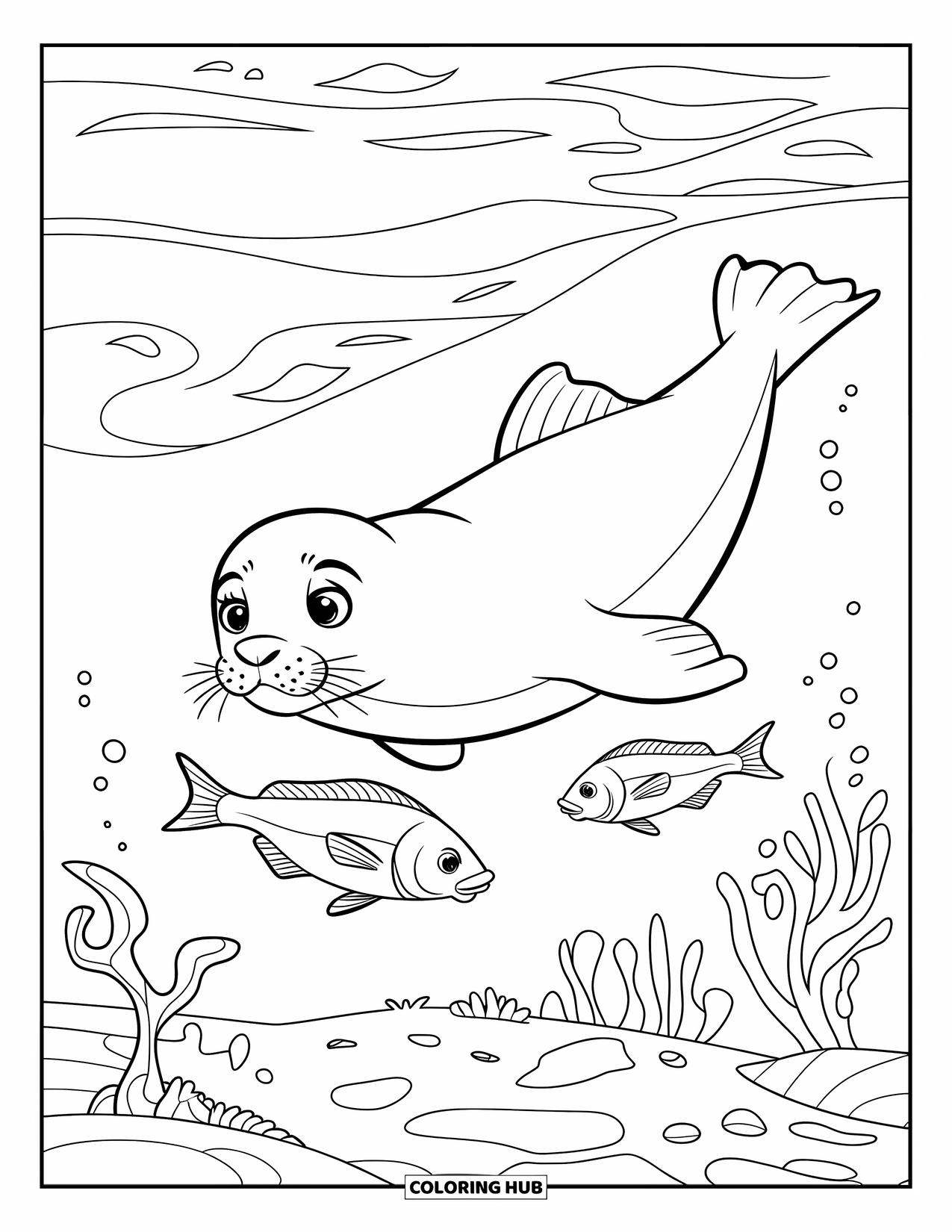 Seal Coloring Page for Kids: Seal swims with two fish under soft ocean currents