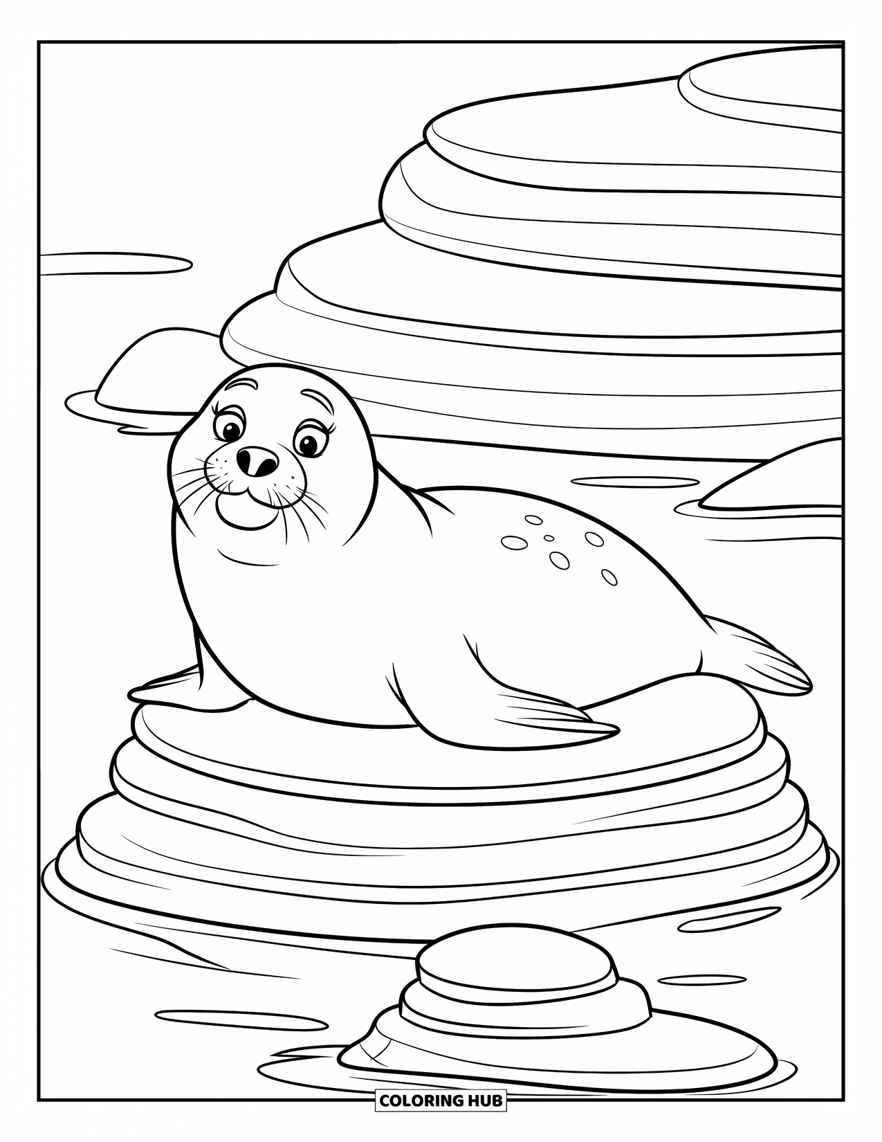 Seal Coloring Page for Kids: Teen seal lounges lazily on layered rocks by the water