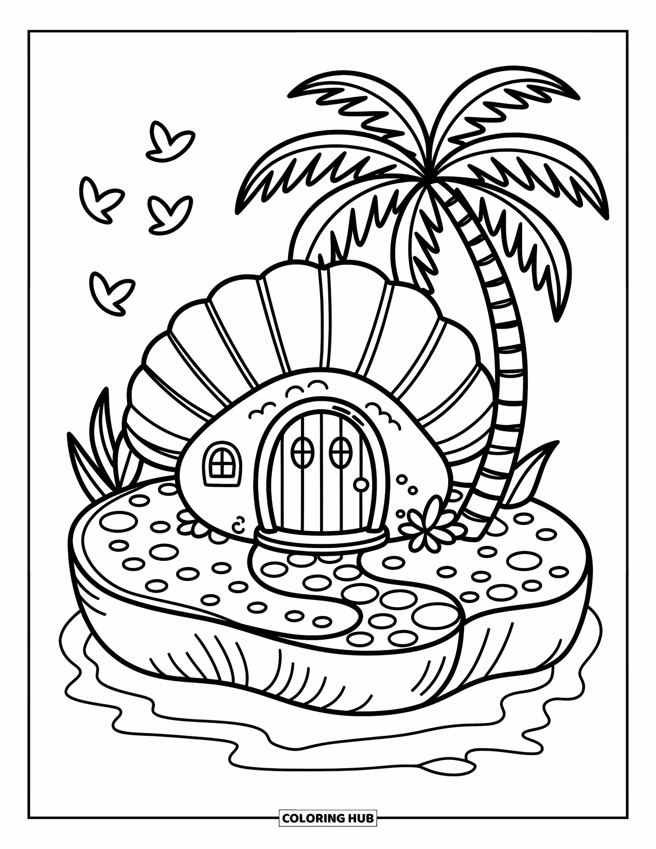 Seashell Coloring Page for Adults: A cozy island home built from a shell rests under soft, swaying trees