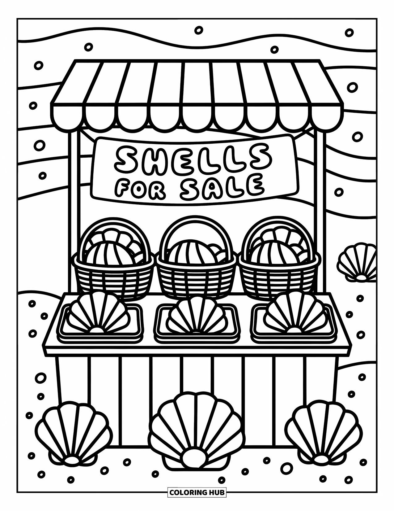 Seashell Coloring Page for Adults: A cozy shell stand displays baskets of cute shells beneath a striped canopy
