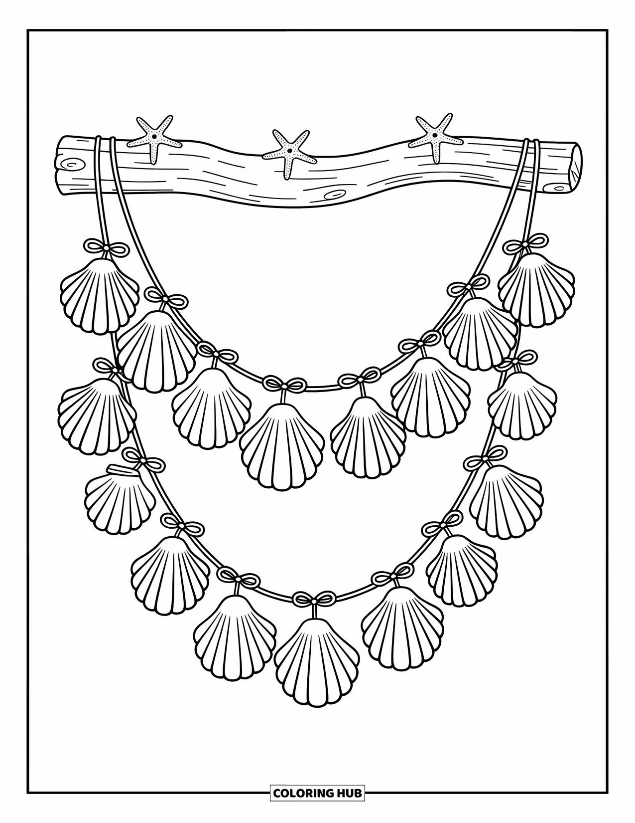 Seashell Coloring Page for Adults: A seashell garland hangs from driftwood with starfish resting on top
